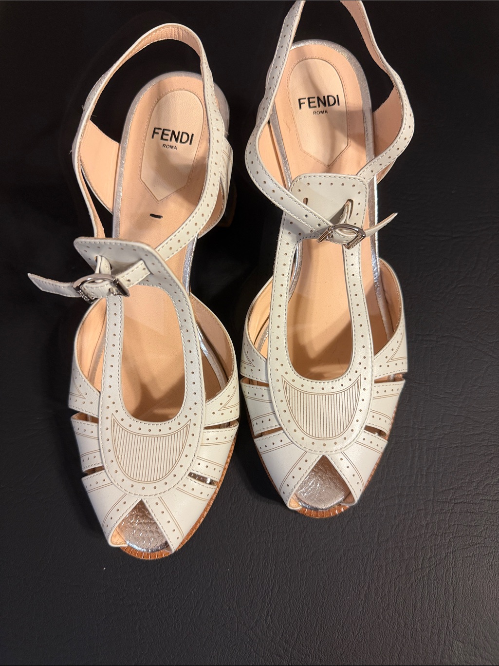 Fendi Ivory Leather Peep-Toe Slingback Heels With Cutout Detail Size 38